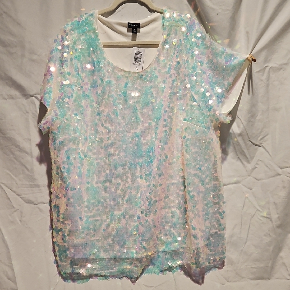 Sequin Embellished Shirt Sleeve Top - White and Blue And Pink